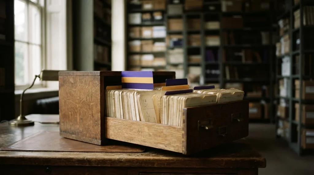 Karteikasten mit geordneten neutralen Registerkarten in einem stillen Archivraum