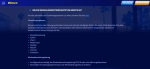 Hilfebereich von Wonaco mit Überschrift zu Einzahlungen und verfügbaren Zahlungsmethoden