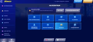 Hilfebereich von Wonaco mit Kategorien für Zahlung Konto und Sportwetten