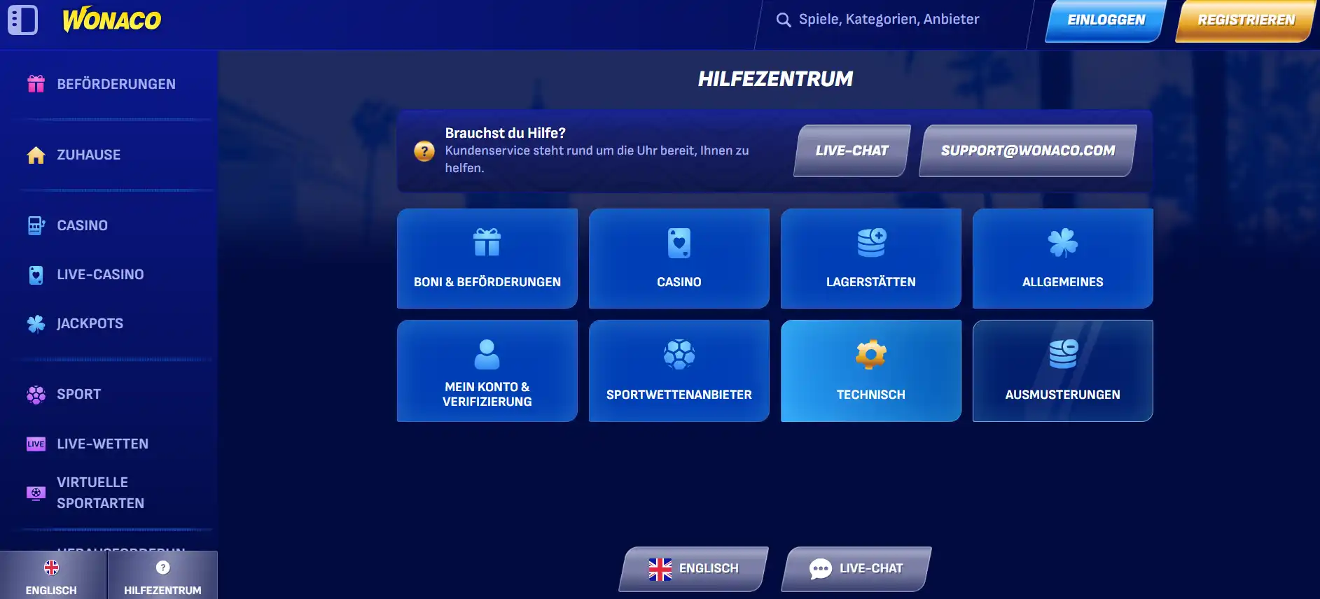 Hilfebereich von Wonaco mit Kategorien für Zahlung Konto und Sportwetten