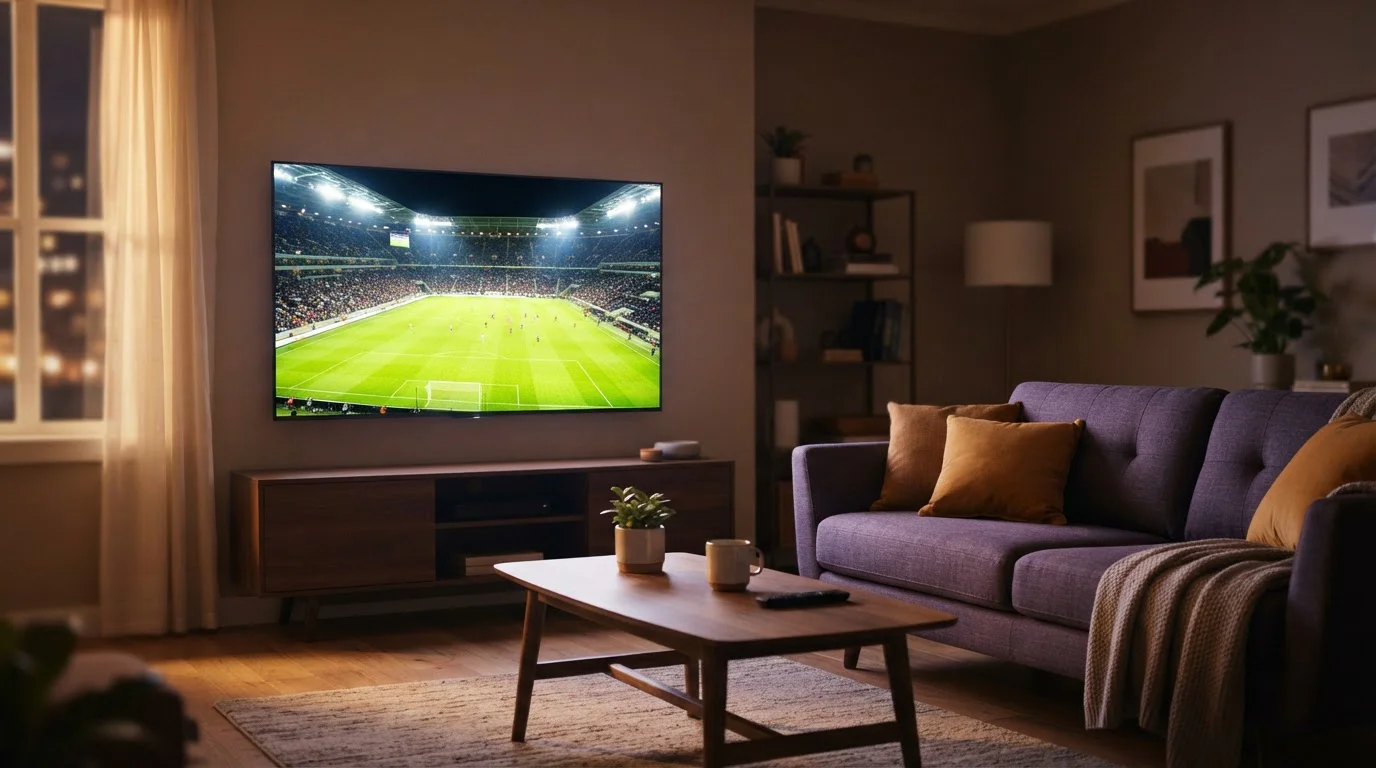 Fernseher mit beleuchtetem Sportfeld in einem Wohnzimmer neben einem Sofa