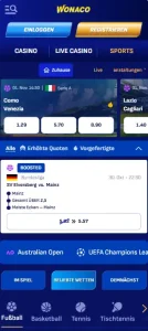 Startseite von Wonaco auf Mobilgeräten im Internetprogramm mit Navigation zu Sportwetten