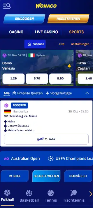 Startseite von Wonaco auf Mobilgeräten im Internetprogramm mit Navigation zu Sportwetten