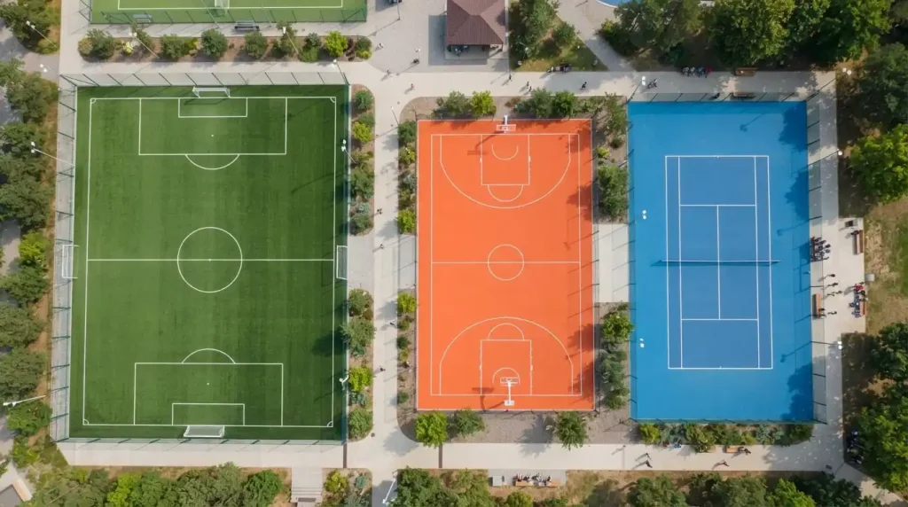 Fußballplatz Basketballfeld und Tennisplatz aus der Vogelperspektive in einer Sportanlage