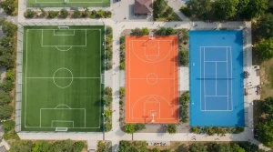 Fußballplatz Basketballfeld und Tennisplatz aus der Vogelperspektive in einer Sportanlage